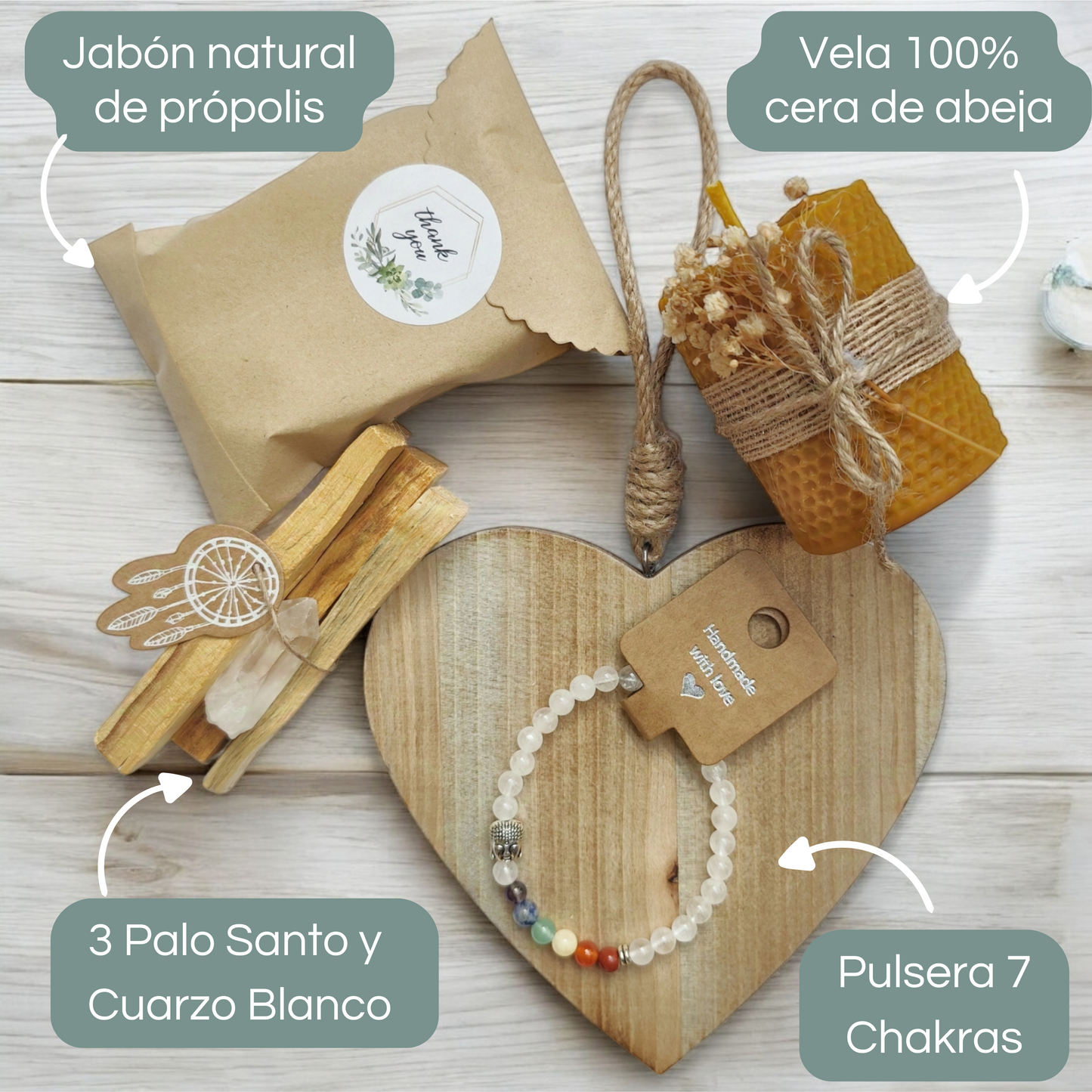 Pack Limpieza Energética con Vela de Miel, Palo Santo, Jabón Artesanal de Própolis, Cuarzo Blanco + REGALO de pulsera equilibrio chakras