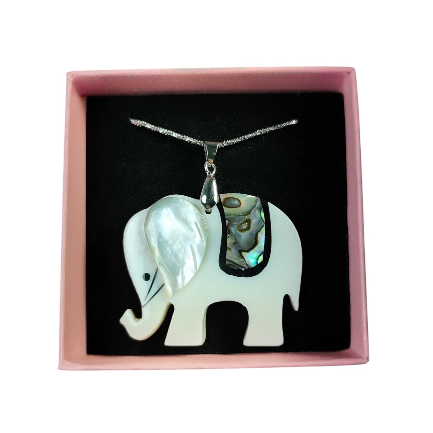 Collar de nácar con forma de elefante y cadena de acero inoxidable de 40+5 cm en caja de regalo