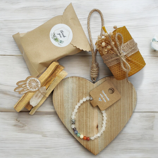 Pack Limpieza Energética con Vela de Miel, Palo Santo, Jabón Artesanal de Própolis, Cuarzo Blanco + REGALO de pulsera equilibrio chakras