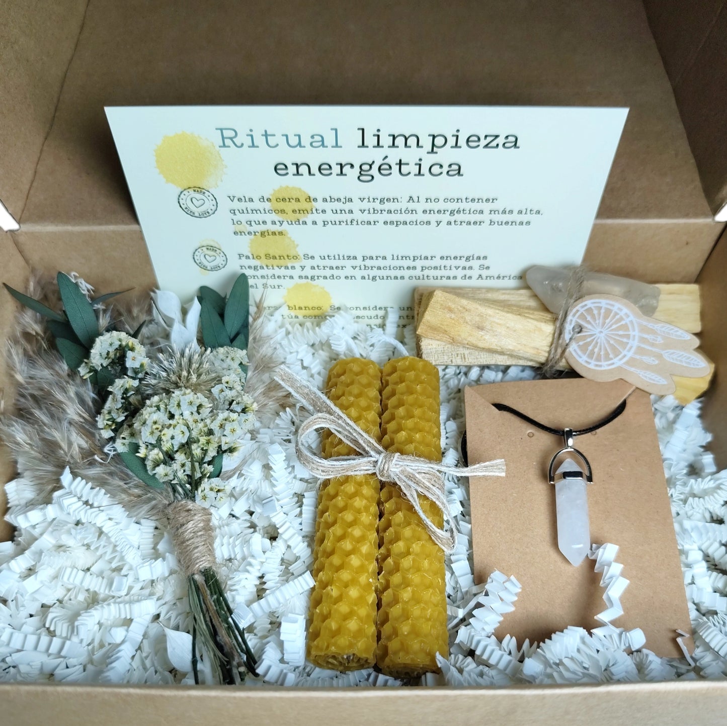 Pack Limpieza Energética con Velas de Miel, Cuarzo Blanco y Palo Santo