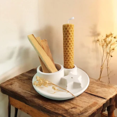 Kit Armonía del Hogar - Portaincienso Artesanal, Palo Santo y Vela Natural de Miel