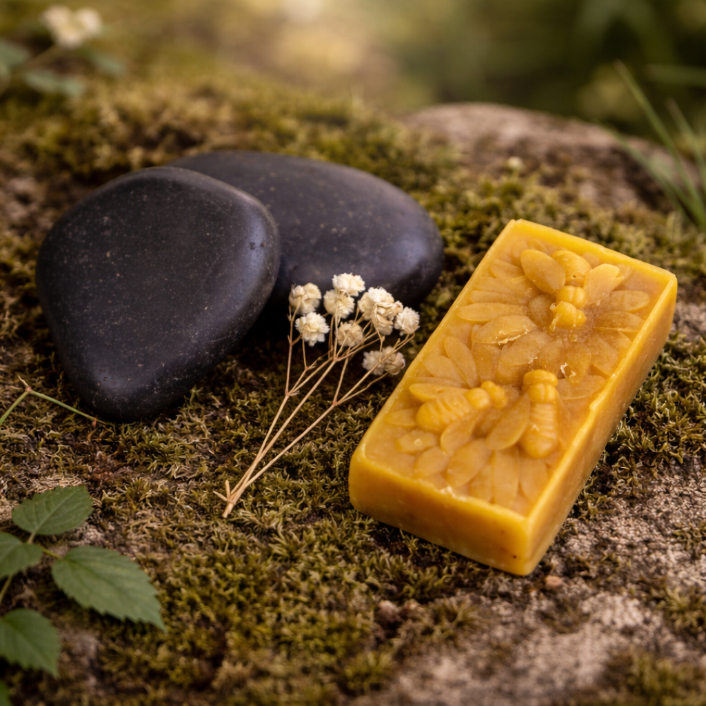 vela amarilla, piedras y flores secas