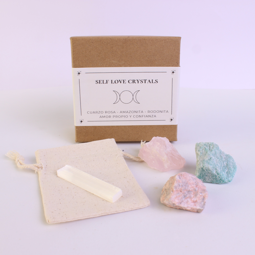 Kit de Cristales Naturales Amor Propio – Cuarzo rosa, Amazonita y Rodonita con Selenita
