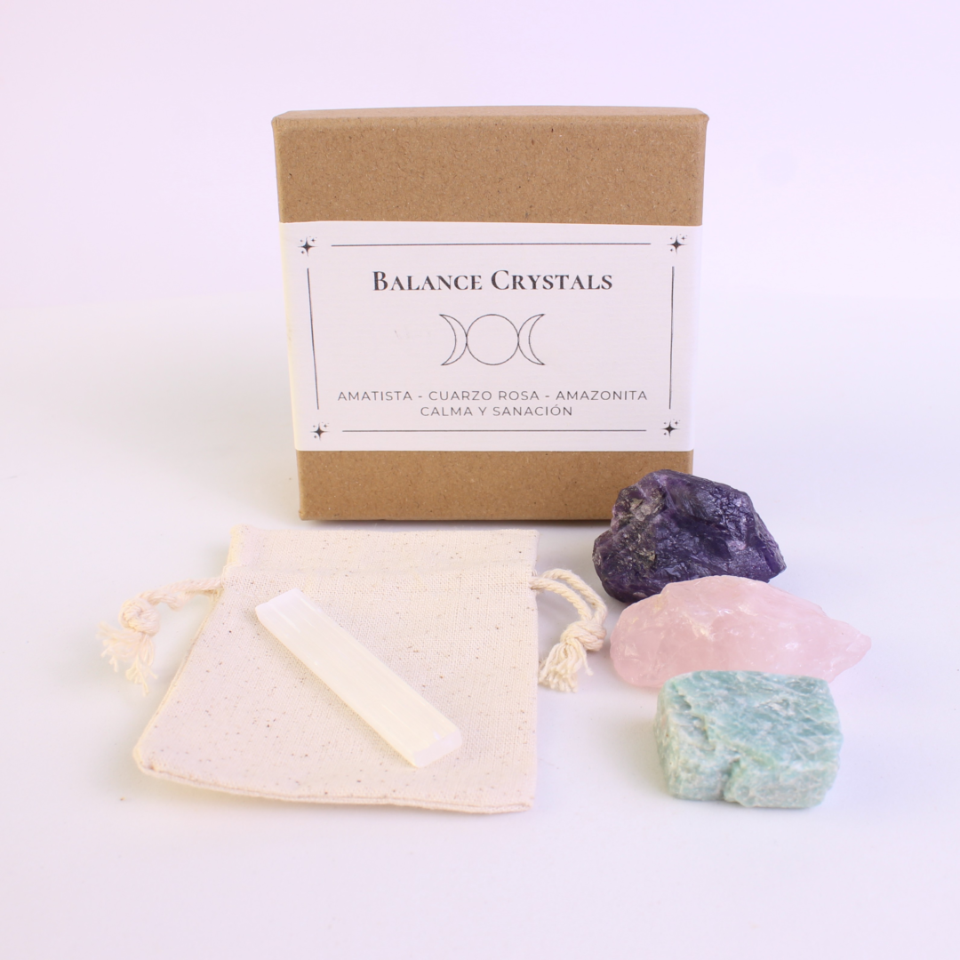 Kit de Cristales Naturales Balance – Amazonita, Amatista y Cuarzo Rosa con Selenita