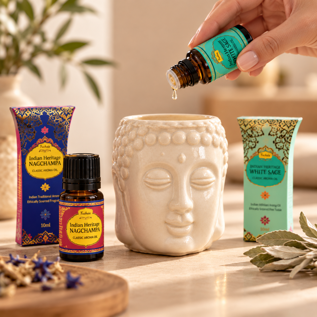 Ritual aromático con Buda y esencias aceites para difusor